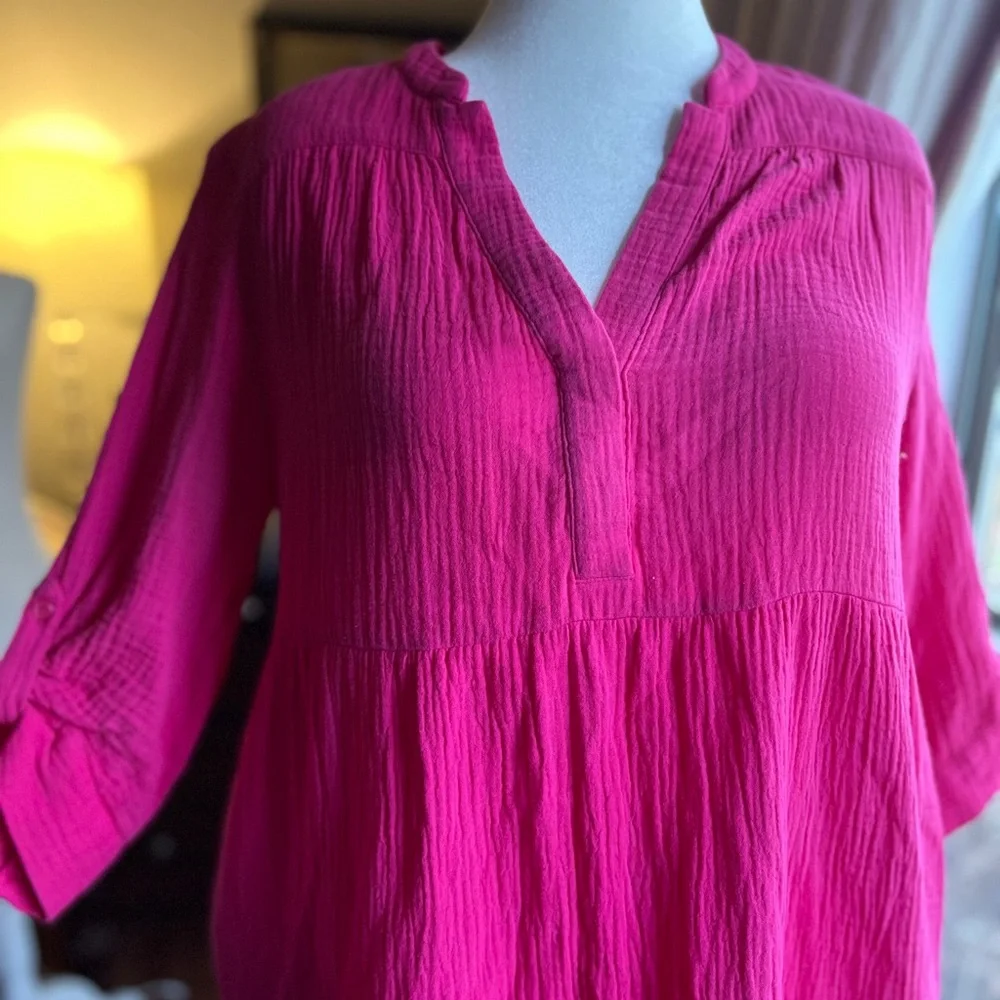 Chico's Vibrant Pink Midi Dress Size 2 Large Barbiecore Spring Loose Fit Pockets - Picture 2 of 10